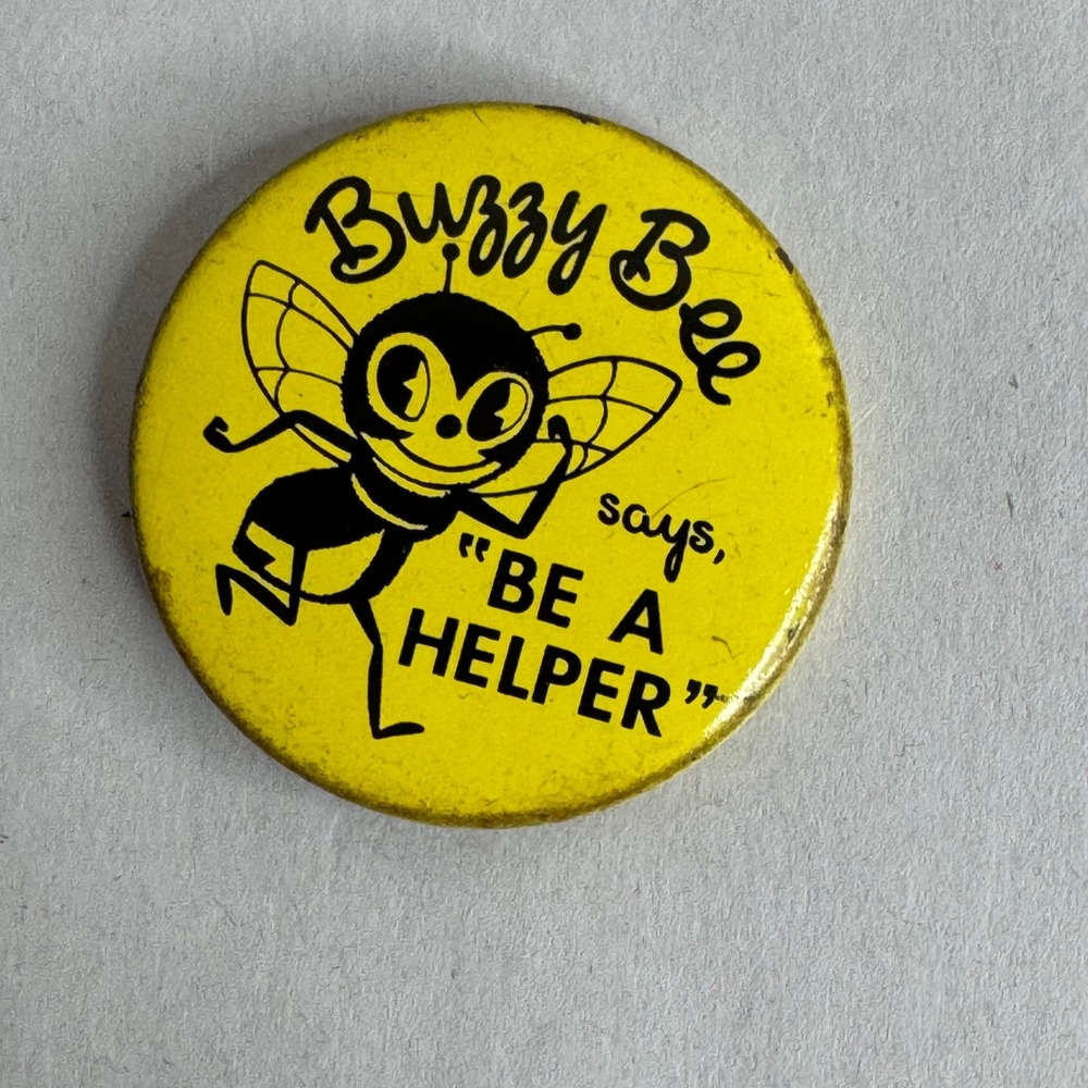 Vintage Buzzy Bee Says Be A Helper Pinback Button Yellow Black Cartoon Pin 1.25"